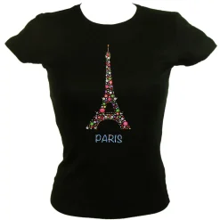 Camiseta negra Torre Eiffel flores multicolores