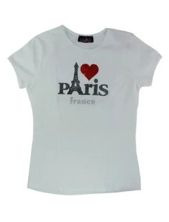 Camiseta París blanca, corazón rojo con brillantes