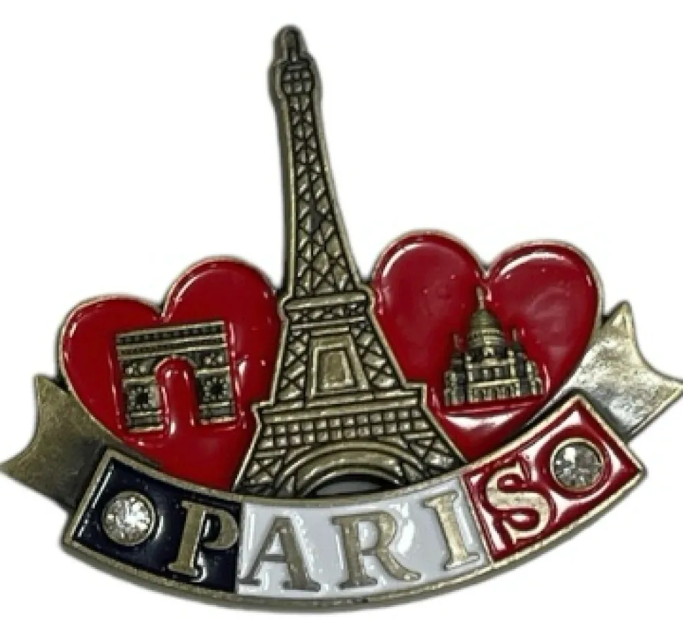 Imán Torre Eiffel doble Corazón Paris Strass 3 monumentos