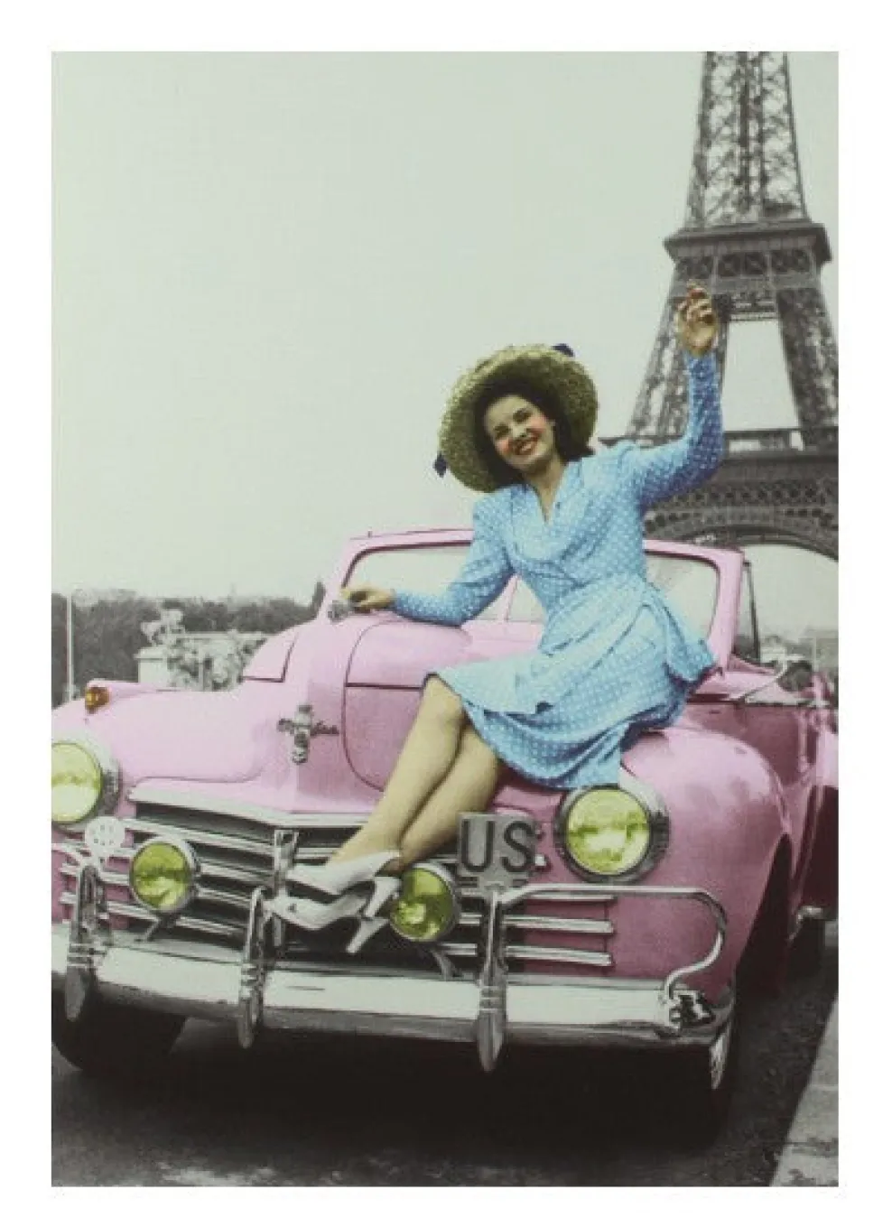 Tarjeta postal Torre Eiffel y carro rosado